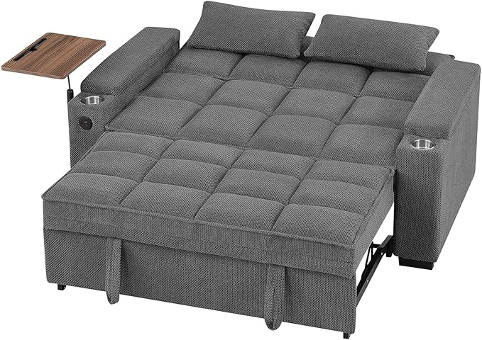 Eafurn Convertible Sleeper Sofa Bed with 360° Swivel Table &amp USB Ports Tufted Chenille Loveseat Pull-Out Couch with Storage Armrest &amp Cup Holders 6-Level Adjustable Backrest