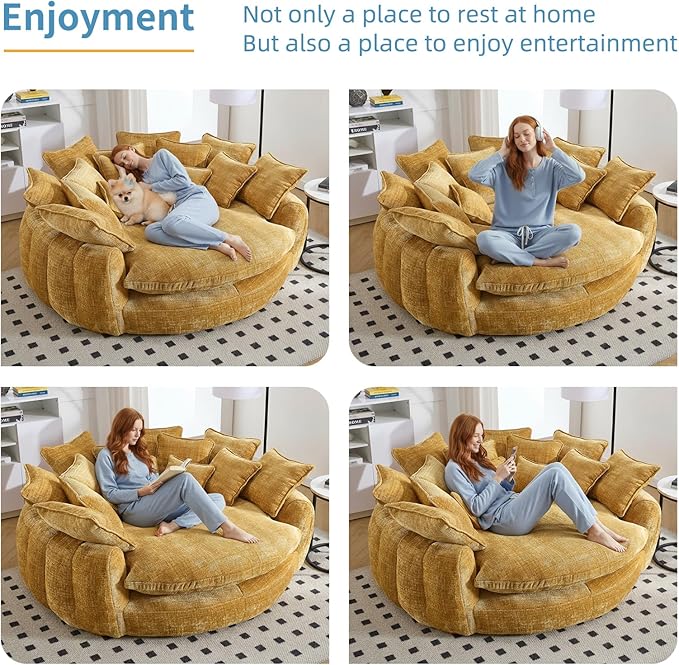 81 Oversized Round Sofa Bed Large Chenille Bean Bag Chair No Assembly Required Cloud Couch Fluffy Plush Chaise Lounge Chair Indoor Modern Sleeper Sofa with Deep Seat for Living Room (Yellow)