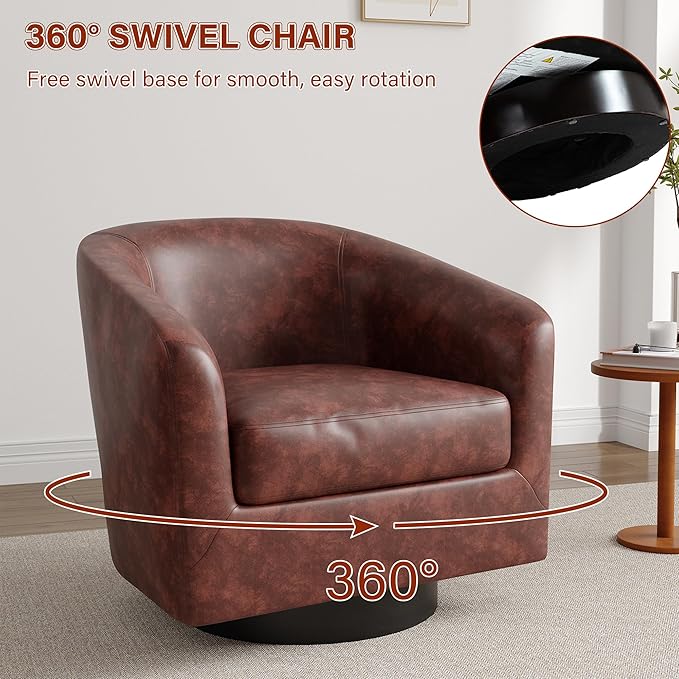 Lumibee Faux Leather Swivel Barrel Chairs Upholstered Comfy Round Swivel Accent Chair 360° Rotation Single Sofa Club Armchair for Living Room Reading Room Bedroom Red Brown