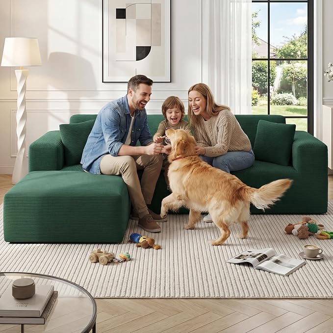 106 Cloud Sectional Couch with Ottoman L Shaped Boneless Couch with Deep Seat 3 Seater Corduroy Modular Sectional Sofa for Living Room No Assembly Required Green