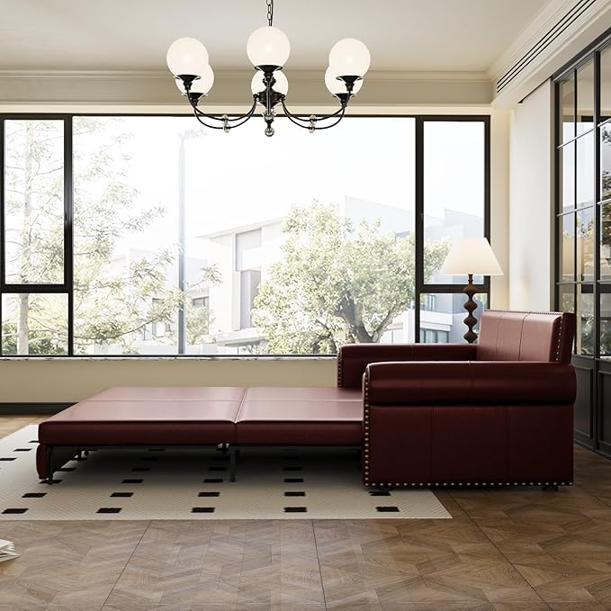 93.7 King Size Chesterfield 3-seat Pull Out Sofa Bed Leather Sofa Bed with Nailhead Trim and Rolled Arm 3-in-1 Sofa Sleeper for Living Room Apartment Office Burgundy