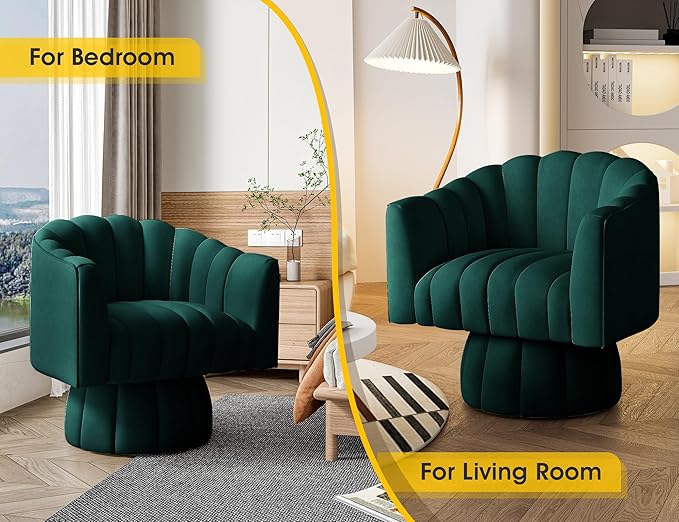 Mid Century 360 Degree Swivel Cuddle Barrel Accent Sofa Chairs Round Armchairs with Wide Upholstered Fluffy Velvet Fabric Chair for Living Room Bedroom Office Waiting Rooms (Green)