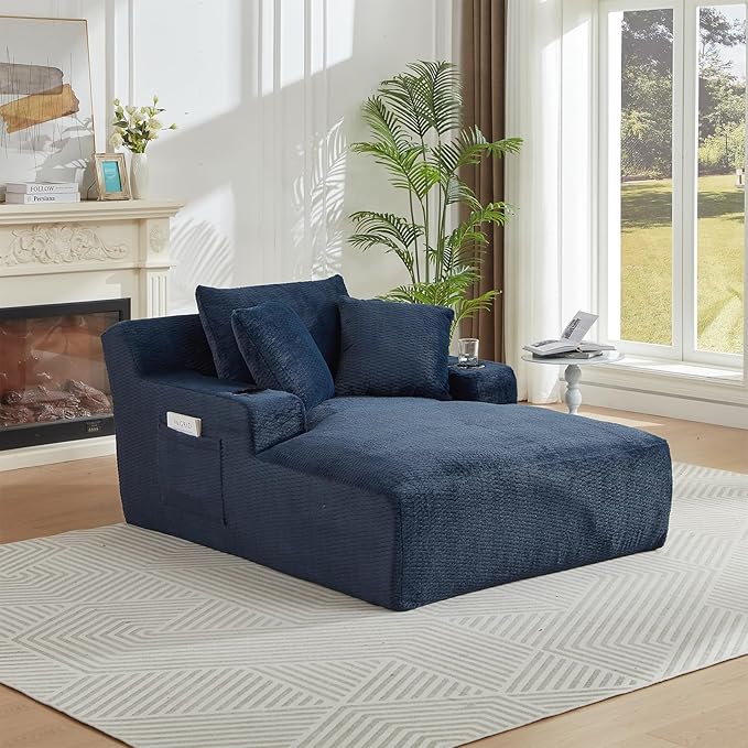 Oversized Chaise Lounge Chair - Upholstered Couch Cloud Boneless CouchDeep Seat Sleeper Sofa with Cup Holders and Side PocketsComfy Reading Chair for Living Room (Dark Blue)