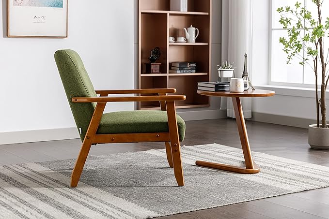 Leisure Chair with Solid Wood Armrest and Feet Mid Century Modern Accent Chair for Living Room Bedroom Studio Chair