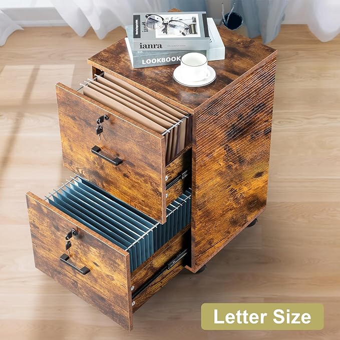 VINGLI 2-Drawer Small Rolling File Cabinet with Lock Wood Filing Cabinet for Hanging Letter Size Filings with Tabs Mobile Under Desk File Cabinets for Home Office Rustic Brown 27.2 H