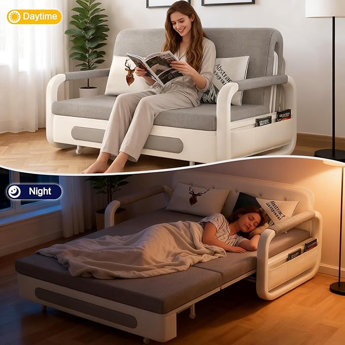 59.8 Versatile Pull-Out Sofa Bed – Modern Versatile Futon Sleeper Couch Daybed with Trundle Perfect for Living Room &amp RV Gray/White