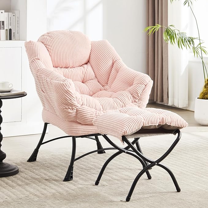 HOMEFUN Lazy Chair with Ottoman Bedroom Chairs for Adults Comfy Reading Chair for Living Room Office Modern Lounge Accent Chair with Armrests Ergonomic Footrest for Small Spaces Pink