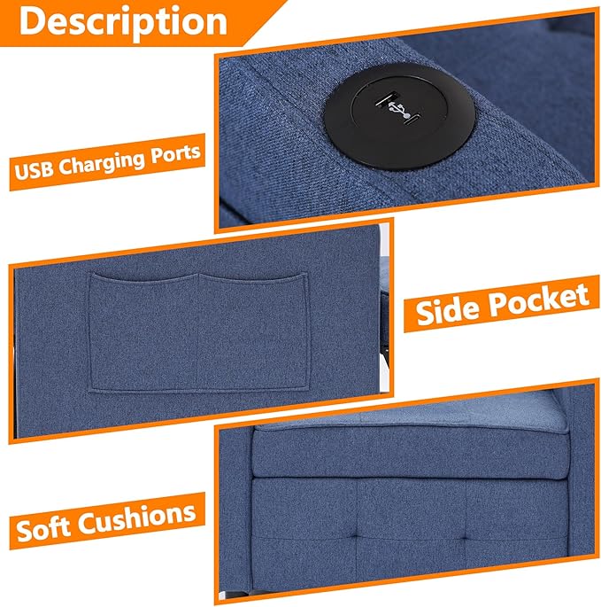 3 in 1 Chair with Pull-Out Sofa Convertible Slip On Sleeping Armrest Sofa Chair with Storage Pockets and Adjustable Backrest Comfortable Folding Seat for Bedroom Bed (Dark Grey) (Blue)