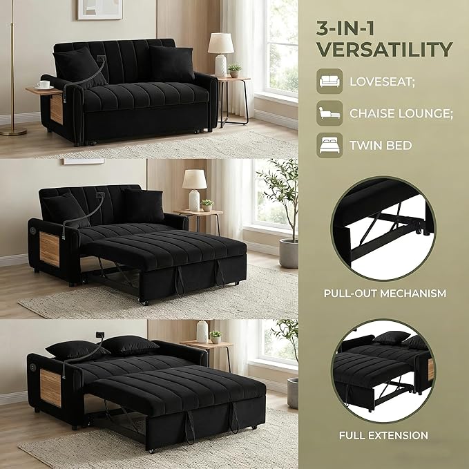 3-in-1 Convertible Sleeper Sofa with Integrated USB &amp Type-C Charging Station Modern Pull-Out Bed Loveseat for Living Room Comfy Fabric with Side Pocket Easy Assembly(Black) | Phone Stand USB