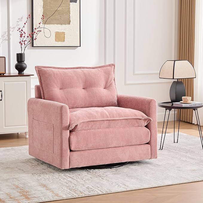 Swivel Accent Chair Recliner - Modern Barrel Chairs with 360° Rotation Thick Padded Upholstered Armchair Cozy Comfy Single Sofa for Living Room Bedroom CornerPink-Chenille