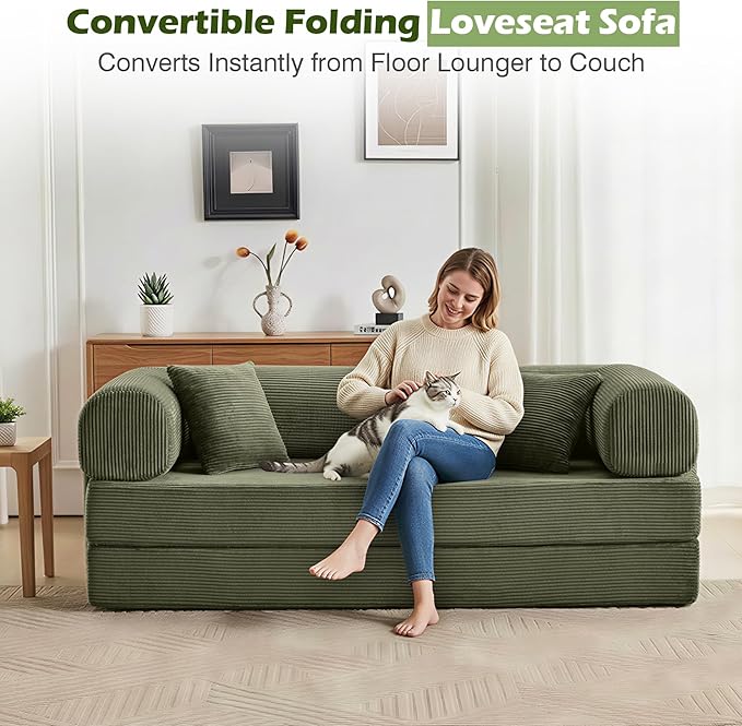 Sofa Bed 79 Convertible Sleeper Sofa with Pull Out Bed 5-in-1 Folding Corduroy Futon Couch Modular Loveseat Sofa Bed for Living Room Bedroom &amp Apartment Green