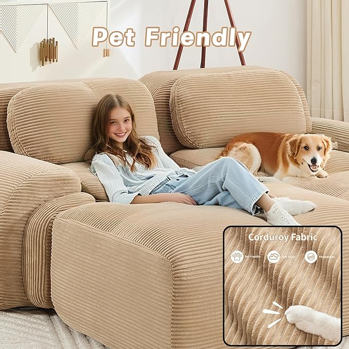 Modular Sectional Sofa Boneless Couch Cloud Sectional Couches for Living Room Oversized L Shaped Couch with Deep Seat and Ottoman Comfy Corduroy Upholstery Camel Couches No Assembly(3S+1O)