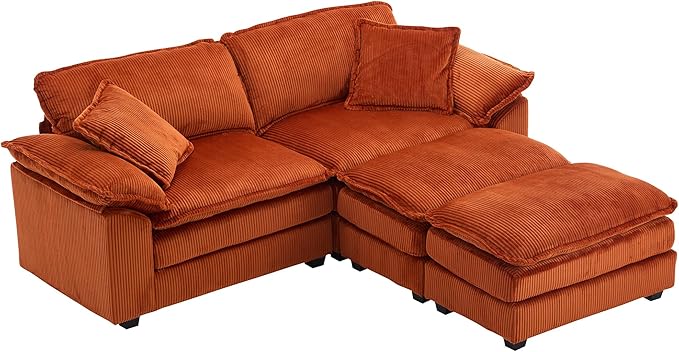 80.5'' Modular Sectional Sofa Cloud Couch for Living Room Modern Corduroy Double Layer Upholstered Loveseat Sofa Comfy Sleeper Sofa with Ottoman 2 Pillows and Detachable Armrest Orange