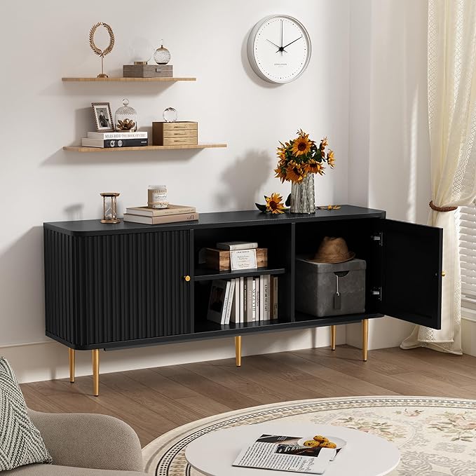 ARTPOWER 55” Fluted TV Stand Mid Century Modern Black TV Stand for 55/60/65 inch TV Entertainment Center with Storage Television Stands TV Console Media Console for Living Room Bedroom (Black)