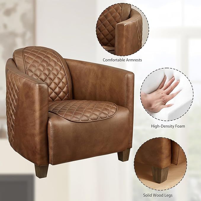 Zouron Genuine Leather Living Room Chair Mid Century Modern Single Sofa Chair with Wooden Legs Upholstered Barrel Accent Chair for Living Room Bedroom Home Office 1 Pcs Chocolate