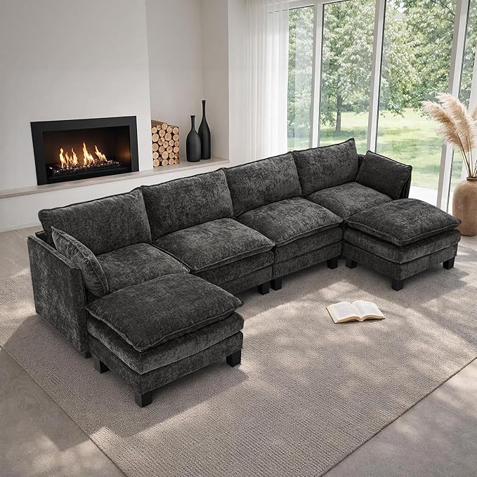 Cloud Modular Sectional Sofa U-Shaped Deep Seat Oversized Couch for Large Living Room Pet-Friendly Chenille Fabric Sofa Set with Ottoman for Family Movie Nights