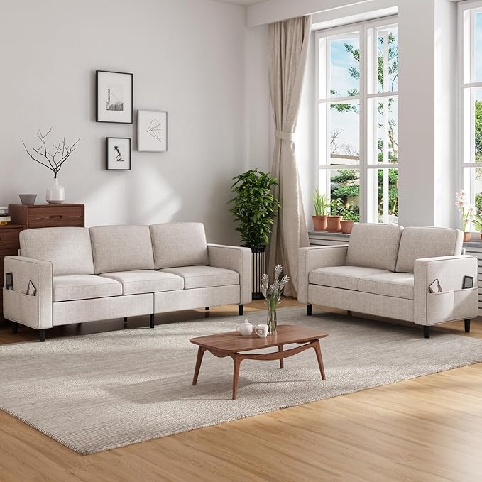 CECER 3 Piece Living Room Sectional Sofa Set with Ottoman and Side Pockets Modern Linen 5 Seater Couch Set3-Seater Sofa and Loveseat Set for Living Room/Office/Apartment-Beige