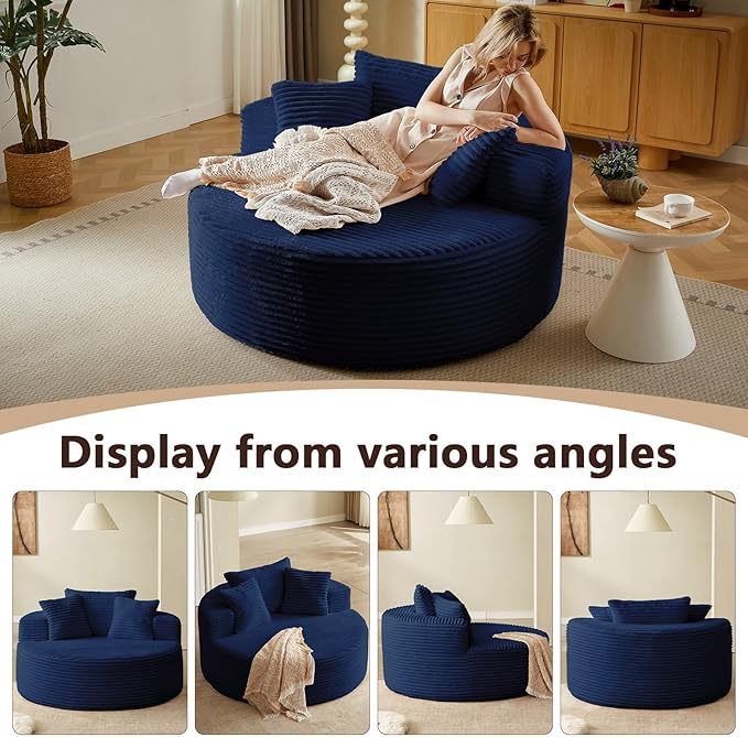 55'' Oversized Round Chair Lounge Chaise Indoor Cloud Boneless Large Circle Chair with Plush Corduroy No Assembly Required Fluffy Modern Sleeper Sofa Bed for Reading Living Room Bedroom(Blue)