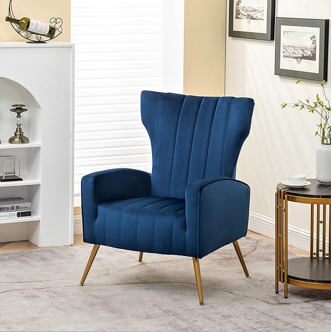 Modern Velvet Accent Chair Channel Tufted Bedroom Office or Living Room Furniture with Elegant Metal Legs 26 Wide Armchair Blue
