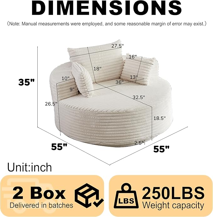 55''L Round Swivel Accent Chair Oversized Plush Corduroy Modern Swivel Barrel Chairs Upholstered Cozy Reading Chair for Living Room Bedroom Home Office (Corduroy Beige)