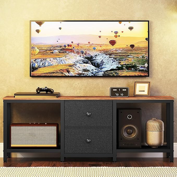 TV Stand for TVs up to 55 Entertainment Center with 2 Fabric Drawer Media Console with Shelves Television Stands for Living Room Bedroom Rustic Brown and Black DS02BR