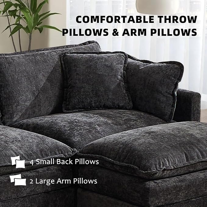 Oversized 149.6 Modular Sectional Sofa - 4 Seater Convertible Chenille Deep Seat Cloud Couch with Ottoman &amp Pillows for Living RoomSmall Space Black