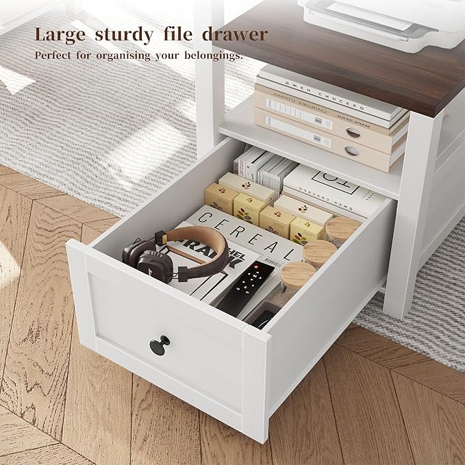 EnHomee 60.4 Computer Desk with Drawer &amp Power Outlet Gaming Desk with LED Light Farmhouse Desk Study Desk with Monitor Stand Home Office Desk Work Desk for Bedroom Study Room White