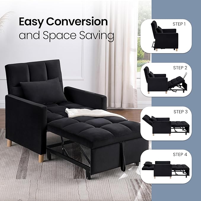 70'' Convertible Chair Bed Extra Long Teddy Fabric Single Pull Out Sofa 4 in 1 Adult Sleeping Recliner With Pillow Adjustable Backrest Black