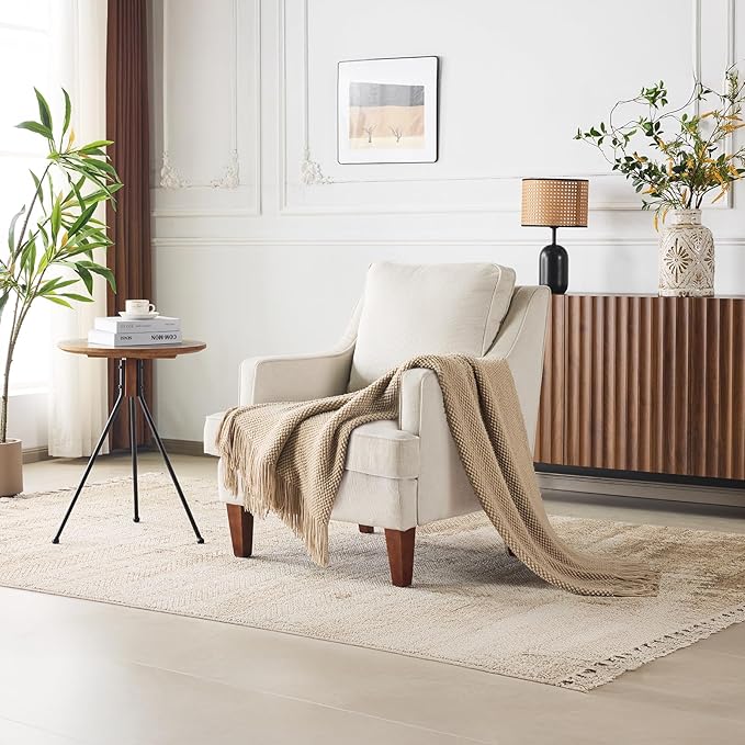 VINGLI Mid-Century Accent Chairs Beige Upholstered Armchair Comfy Sofa Chair Reading Chair High Back Living Room Bedroom Furniture for Apartment