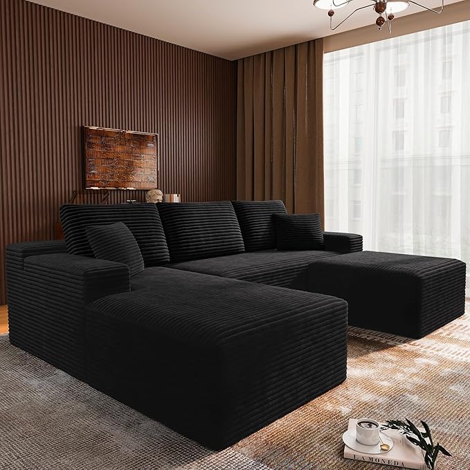3-Piece Boneless Modular Sectional Sofa Cloud Couch Left Facing Chaise with Ottoman Oversized Deep Seat Soft Corduroy Fabric Sectional Couch for Living Room-blackb
