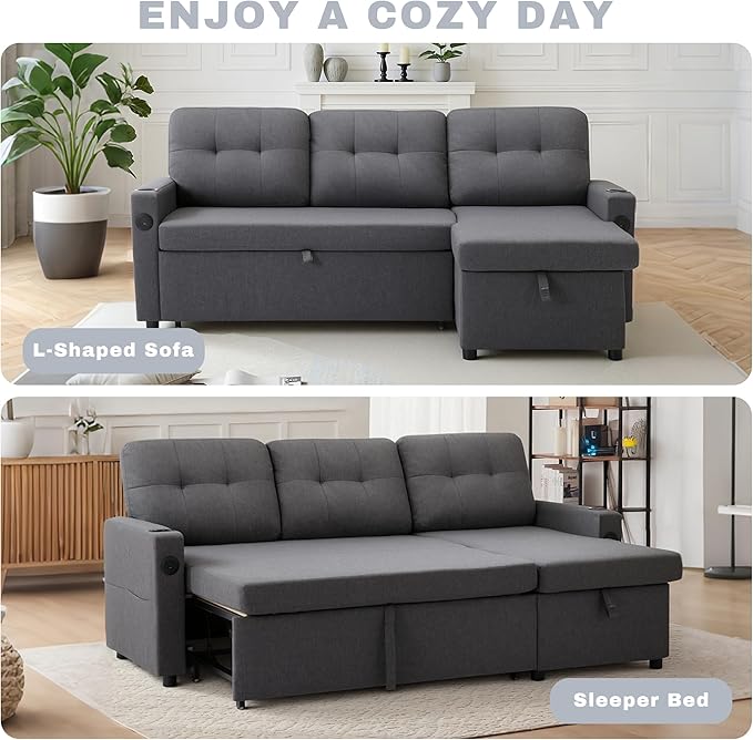 82 Pull Out Sofa BedL-Shape Modern Sleeper Sofa Upholstered Sectional Couch with USB Port and Side Pockets for Living RoomGuest Room (Dark Grey)