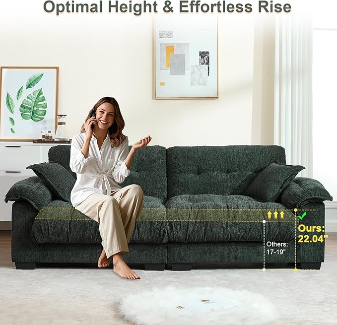 90.5 Modular Cloud Sofa 2 Seater Couch Oversized Loveseat with Armrest Pillow Comfy Tufted Couch Deep Seat Love Seats for Living Room Apartment Small Space- Green