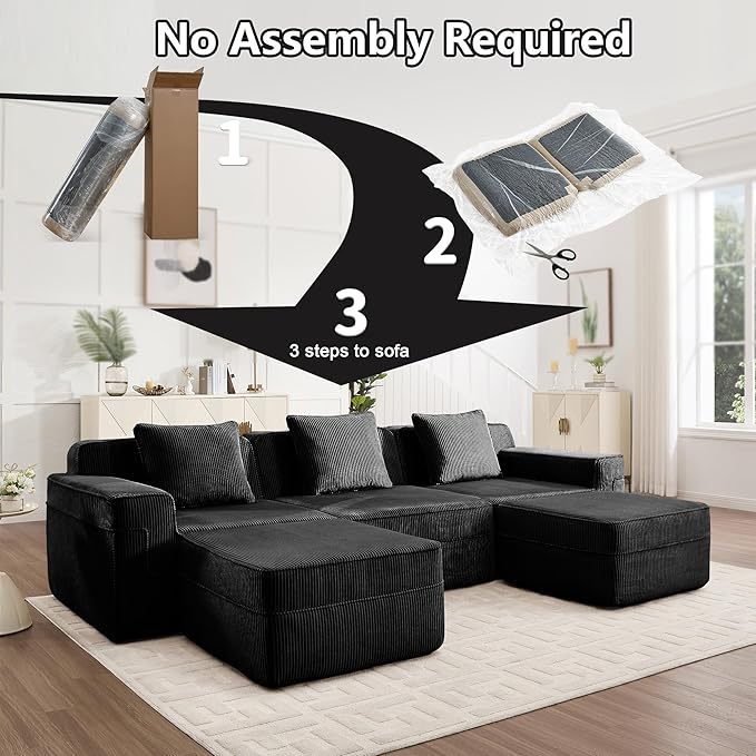 117.3 Compressed Sofa with Deep SeatsBoneless Sectional Couch with High Density Memory Foam SofaU Shaped Black 3 Seater Sofa for Living Room ApartmentsNo Assembly
