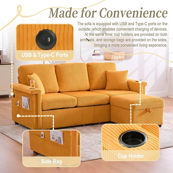 76'' Sectional Sofa Couches for Living Room 3 Seat L-Shaped Couch with Storage &amp Ottoman Corduroy Convertible Sofas with Chaise Apartment with USB Charging Cup Holder (Mustard Yellow)
