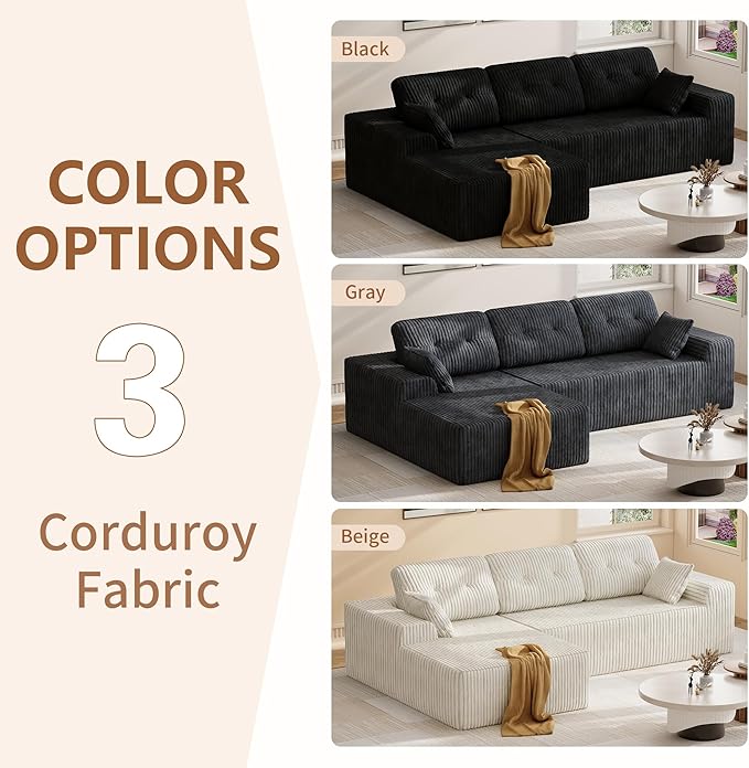 Ball &amp Cast 106 Modular Sectional Sofa Cloud Corduroy Couch with Deep Seat Boneless L-Shaped Sectional Upholstered Modular Sofa for Living Room No Assembly Required (Black Left Facing Chaise