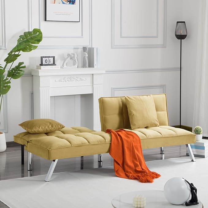 68 Modern Futon Sofa BedConvertible Sleeper Bed Couch with 4 Reclining Backrest with 2 PillowsComfy Velvet Cloud Sofa Loveseat for Living Room Bedroom Office (Olive)