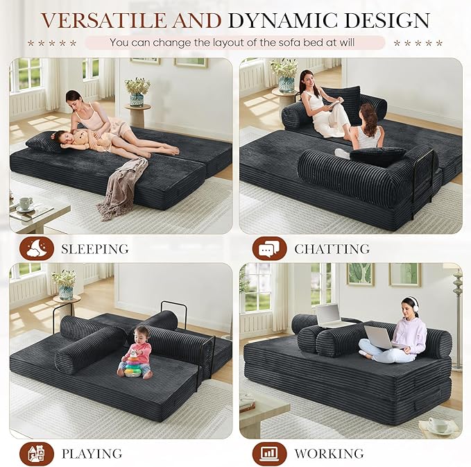 Modular Couch Bed Convertible Folding Plush Corduroy Comfy Floor Memory Foam Compression Loveseat Sleeper Sofa Couch King Size Bed for Guest Room Living Room Bedroom No Assembly Required Dark Grey