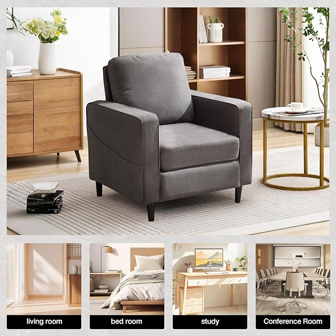 Mid Century Accent ChairModern Linen Fabric Armchair for Living RoomDouble Side Pockets Comfortable and Padded Reading Feature Sofa Chair Suitable for bedrooms Living Rooms and Offices(1 Pcs
