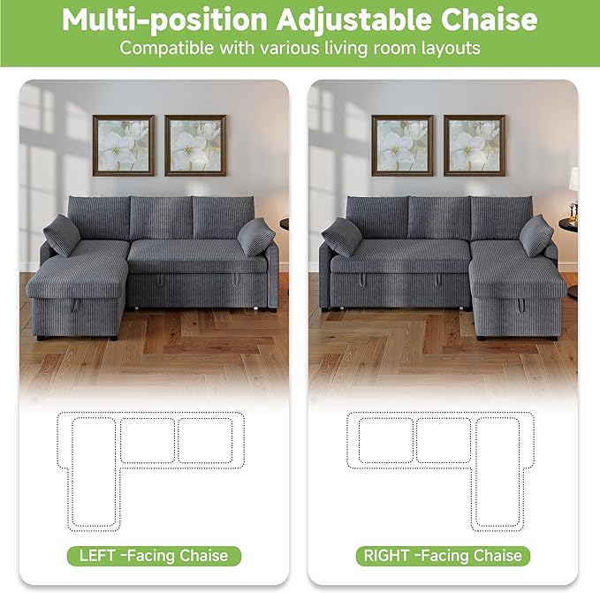Real Relax 80'' Sofa Bed L Shaped Corduroy Sleeper Sofa Couch with Pull Out Bed and Chaise Storage for Living Room Apartment and Office Dark Gray