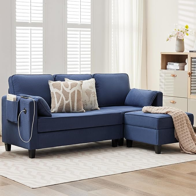 MAGIC UNION Convertible Sectional Couches for Living Room - Small Space Couches L-Shaped Sofa Upholstered 3 Seats Sofas W/Storage Chaise USB Ports Side Pockets and Pillows (Corduroy Fabric Blue)
