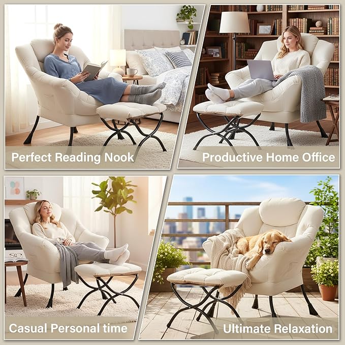 Lazy Chair and Ottoman Large Velvet Beige Accent Chair with a Side Pocket Modern Leisure Upholstered Reading Armchair with Footrest for Office Bedroom Living Room Dorm Rooms Balcony