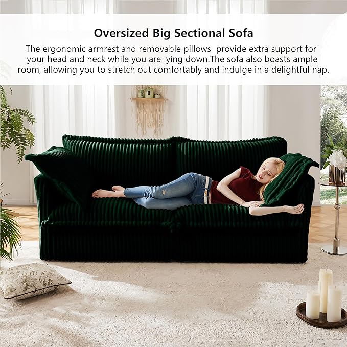 Aoowow Oversized Modular Sectional Sofa with Movable Ottoman83.4” L-Shaped Comfy 2-Seat Sofa Couch Upholstered Deep Seat Couches with Big Toss Pillows for Living Room Apartment OfficeGreen-Corduroy