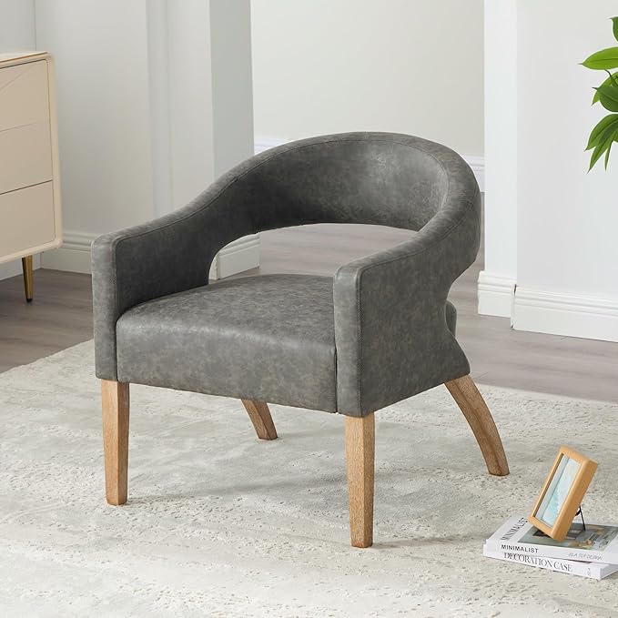 Modern Accent Chair Upholstered PU Leather Barrel Armchairs with Rubberwood Legs Comfy Lounge Arm Chair Hollow-Out Side Club Chair for Living Room Bedroom Office (Gray-Wide)