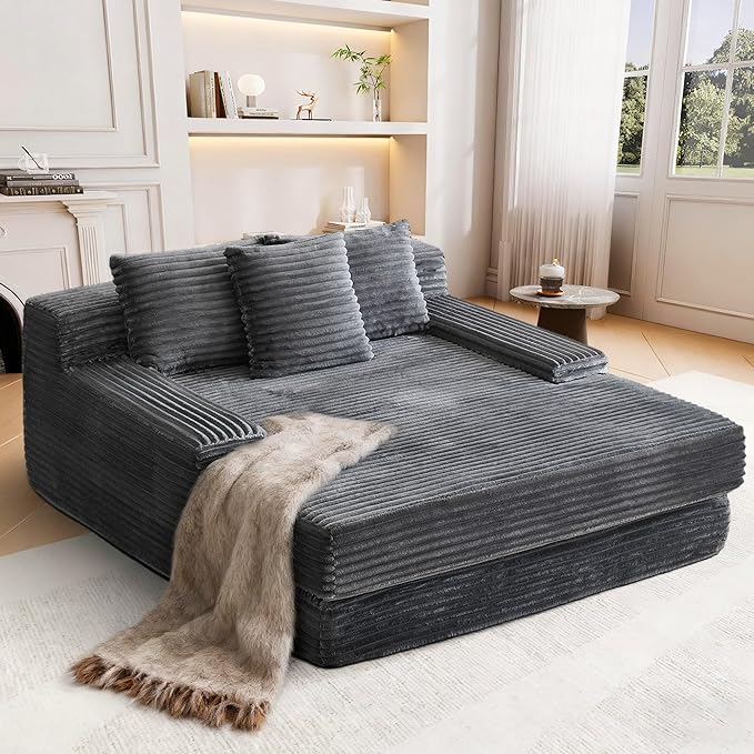 67″Oversized Chaise Lounge Chair Indoor Boneless Couch with Deep Seat Wide Arms Reading Chairs No Assembly Corduroy Chair Upholstered Lounge Sofa for Living Room Grey