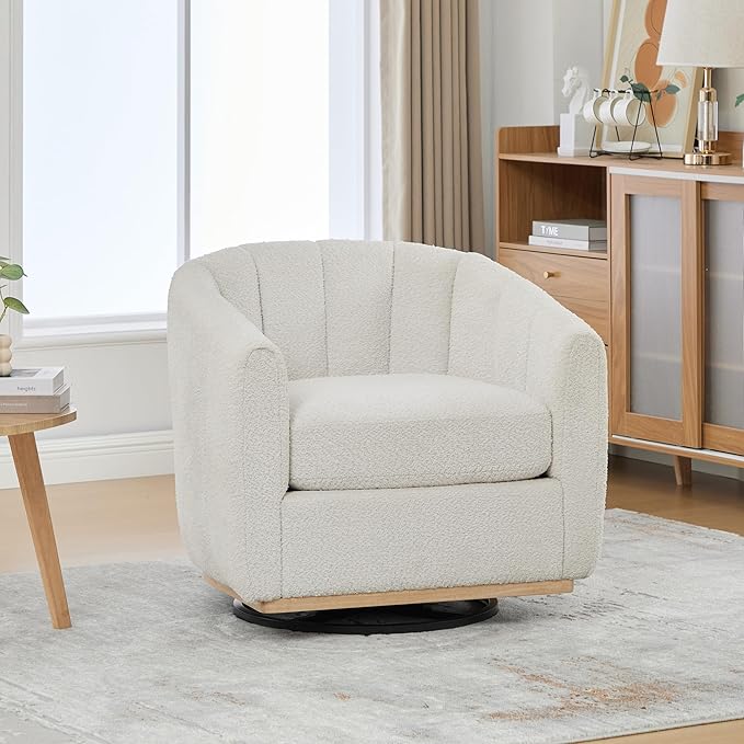 Swivel Accent ChairModern Barrel Chair with 360° RotationChenille Fabric UpholsteryFoam Cushion &amp Pocket Spring SeatSturdy Round BaseCozy Pumpkin Armchair for Living Room Bedroom OfficeIvory