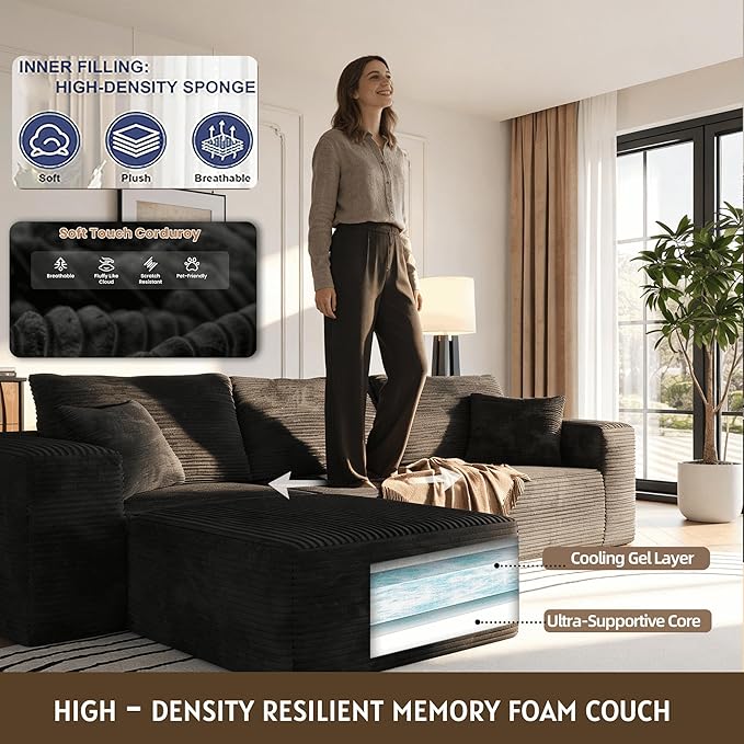 Boneless Sectional Couch Black L Shape Sofa Ottoman with Recliner Bed Memory Foam Modular Cloud No Bones in a Box Boundless Comfort for Living Room Compression Corduroy Fabric Deep Seat Easy Assembly
