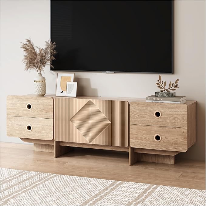 66 Fluted TV Stand Boho TV Consoles for Living Room Modern Entertainment Center with Storage Media Console Cabinet for 75 inch TV(Oak)