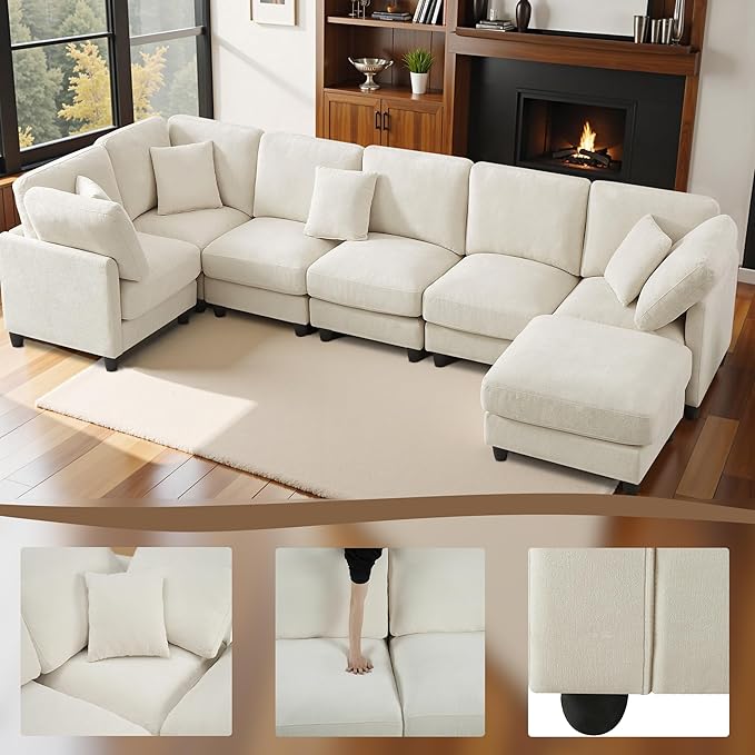 117 Modular Sectional Sofa with Movable ChaiseModern Chenille Cloud Sectional Couch with Deep SeatU Shaped Compressed Boneless Sofa for Living RoomNo Assembly Required (Beige)
