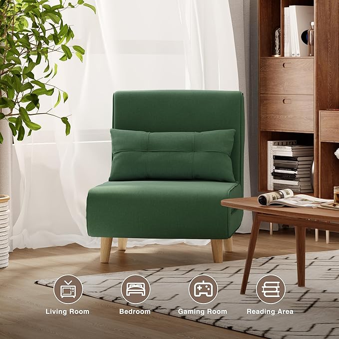 Aiho 3-in-1 Convertible Sleeper Chair BedFuton Chair with 6-Level Adjustable Backrest for Apartment Bedroom OfficeGreen