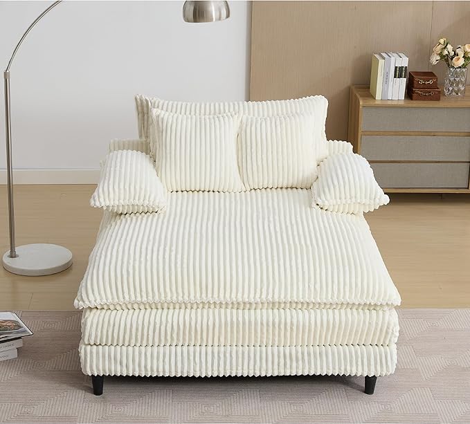 Oversized Chaise Lounge Chair Indoor Comfy Corduroy Sofa Bed Fluffy Cushioned Deep Seat Couch with 3 Pillows Sleeper Sofa for Living Room Beige White